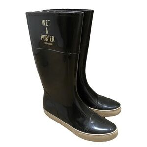 LOVE MOSCHINO WET-A-PORTER BLACK WHITE WELLINGTON RAIN BOOTS 8